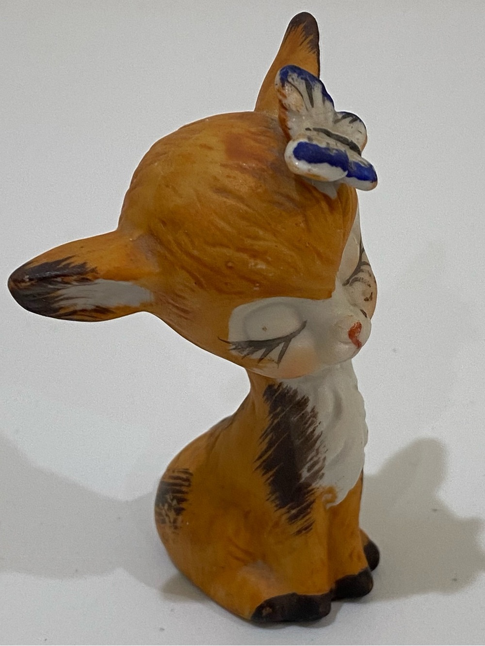 Vintage Bisque Deer Fawn Butterfly Figurine Hand Painted 1960s 3.5” Taiwan
